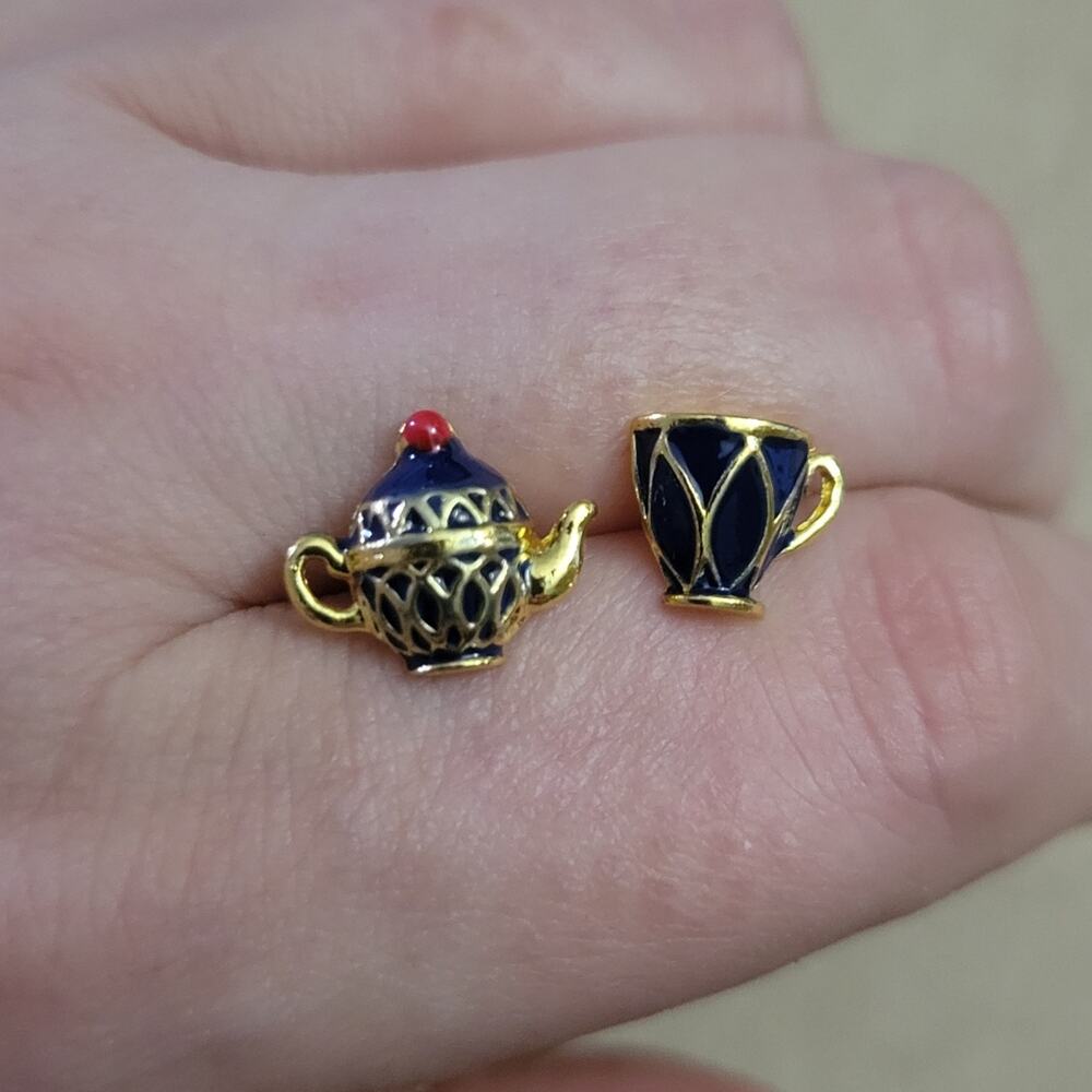 Adorable tea cup and kettle blue and gold enamel earrings